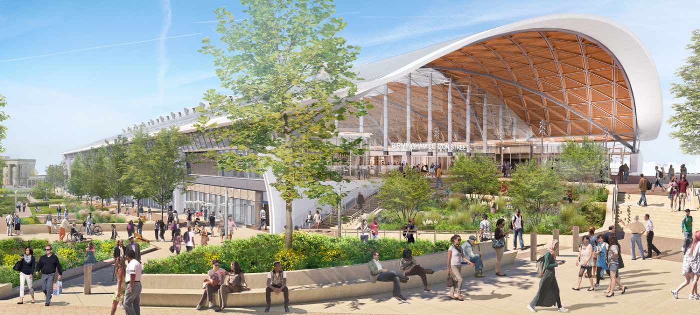Architect's vision of the exterior of the new station featuring a large arch above the entrance.