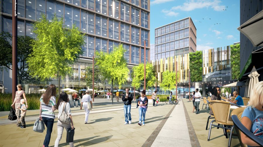 People walking in public square on South Bank of Leeds Station.
