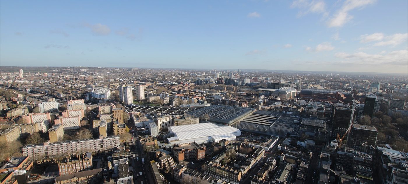 Aerial view over the HS2 works at and around Euston Station