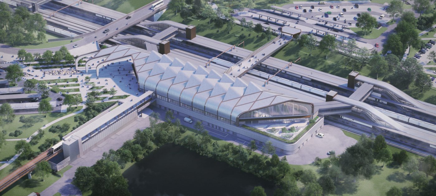 CGI showing aerial view of Interchange Station and surrounding area.
