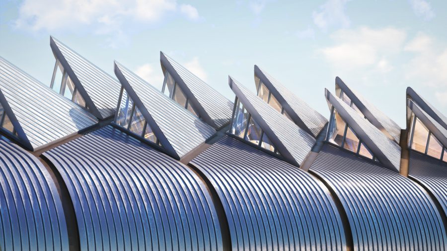 Solar panels and roof lights on the top of HS2 Interchange station, artist's impression