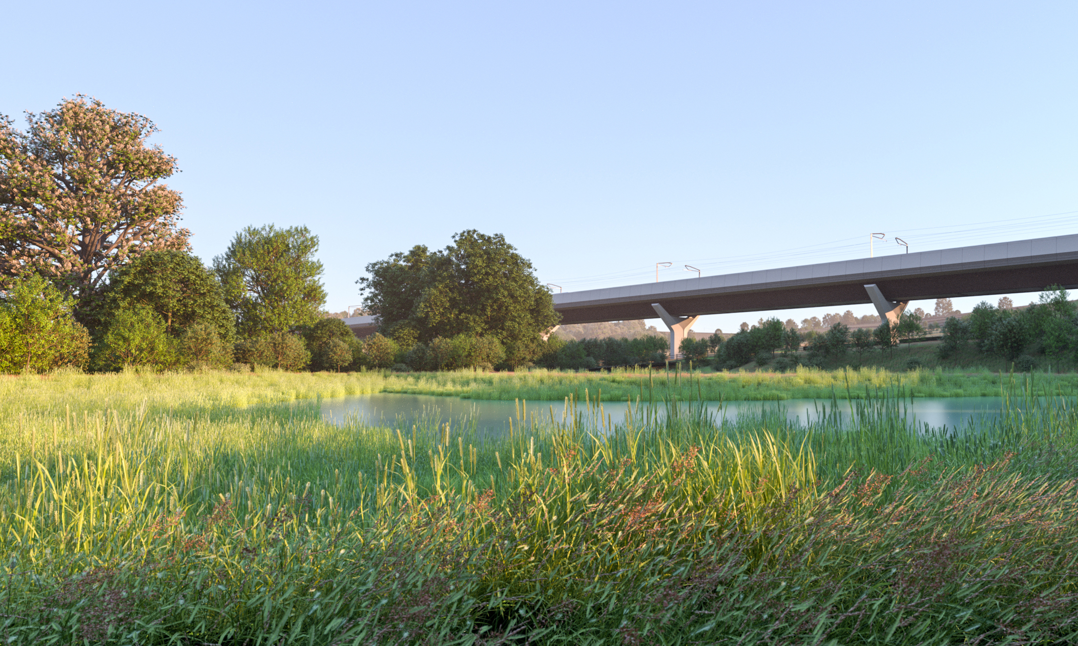 Sketch of a viaduct crossing over a field.