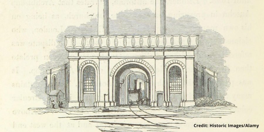 Historic illustration of old Curzon Street station roundhouse.