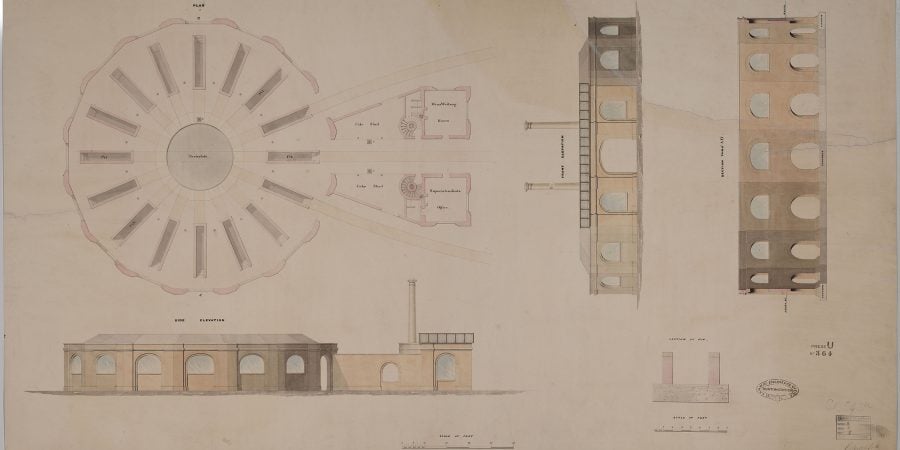 Historic plan drawing of the roundhouse interior.