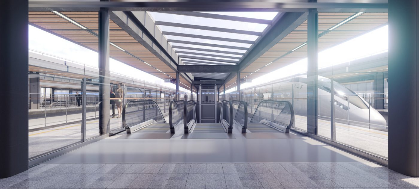 CGI image of platform view at new Curzon Street Station, with a high speed train to the right, and an escalator in the middle