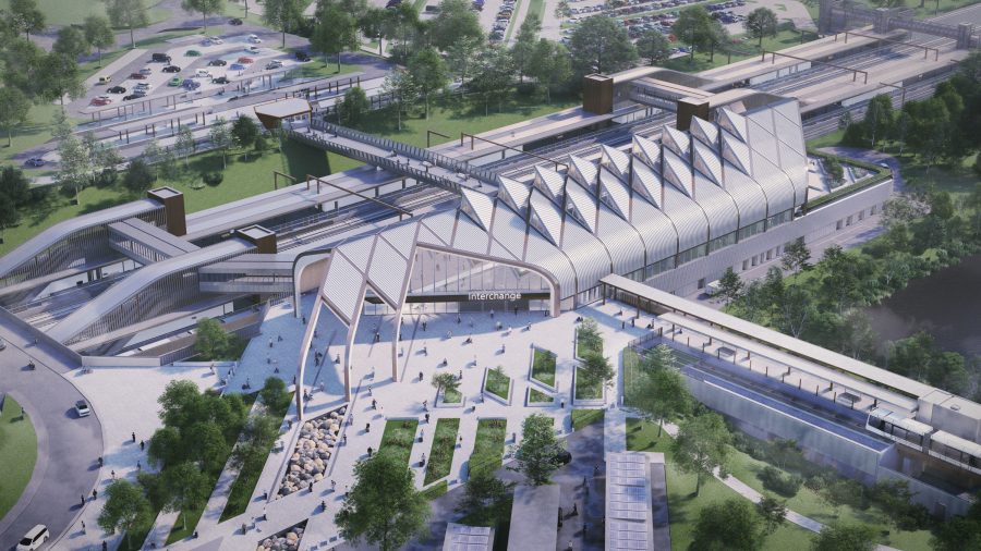 CGI aerial view of new station with connections to local transport.