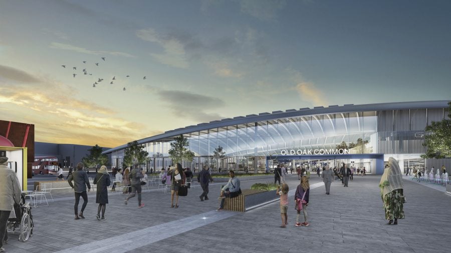 CGI of exterior of station showing its gently arching roof above the concourse.