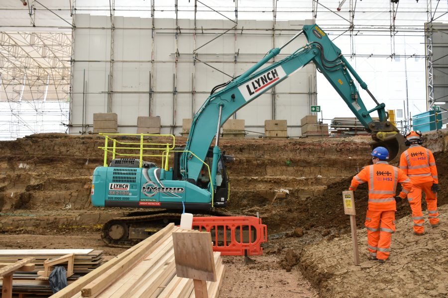 Hybrid-powered excavator in use.