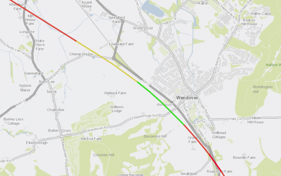 Map of Wendover showing the HS2 line and the location of Wellwick Farm near it