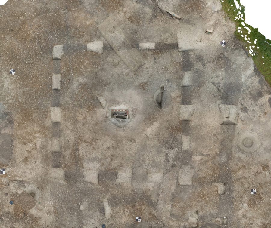 Aerial view of the excavation site with the burial in the middle.