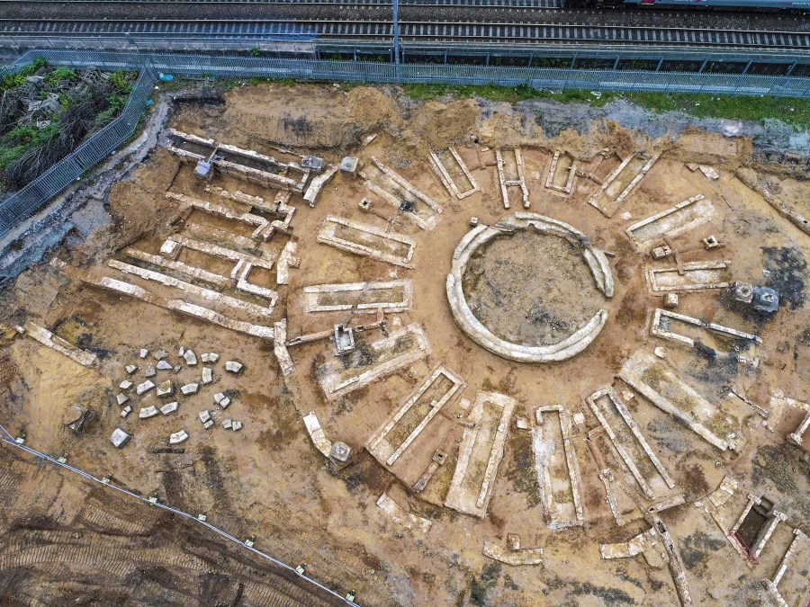 Drone shot of the roundhouse discovered at the Curzon Street station site.