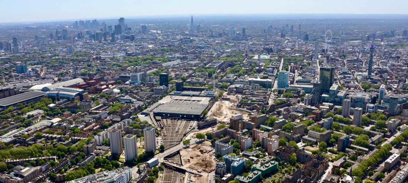 Aerial images of Euston station showcasing HS2 construction work