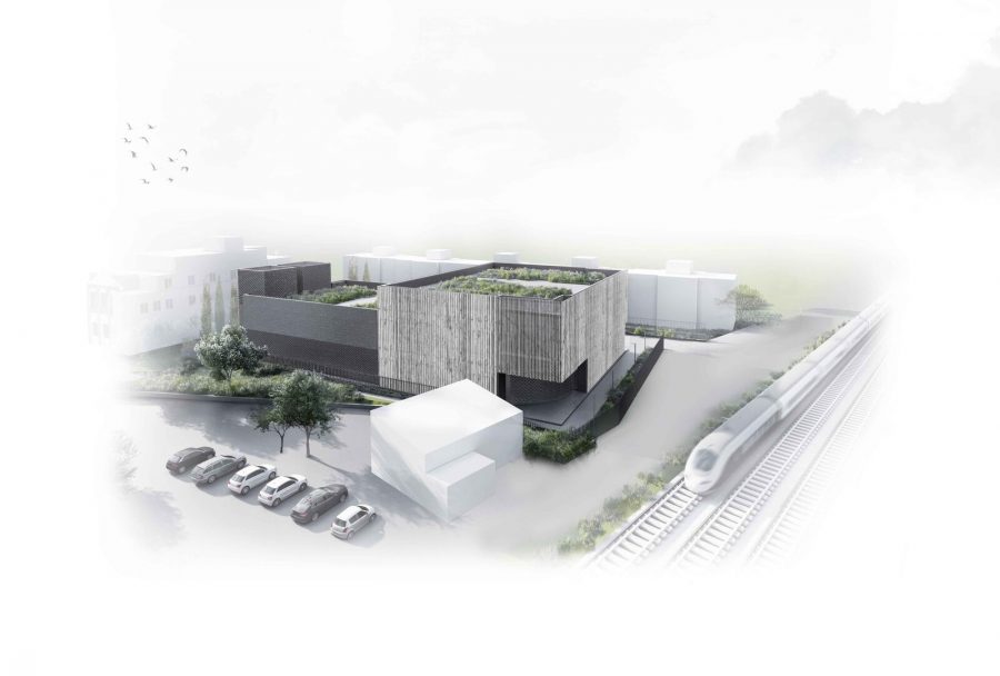 Canterbury Works Ventilation Shaft Headhouse visualisation showing a square building with a grass roof next a railway line.
