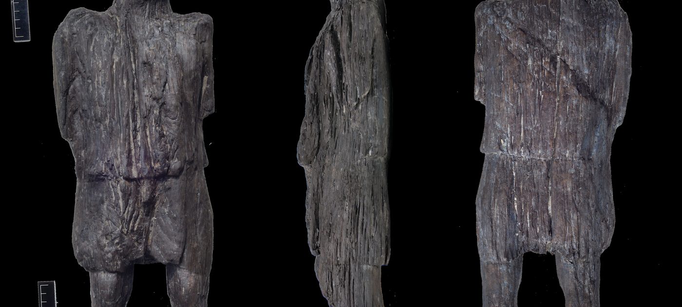 A very rare early Roman anthropomorphic or humanlike wooden carved figure.