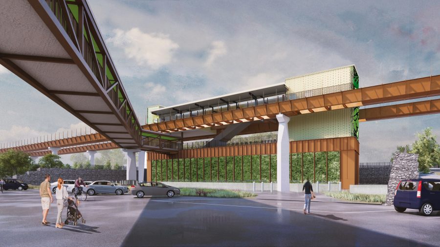 Architect's impression of the Automated People Mover stop at Birmingham International Railway Station.