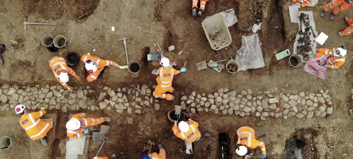 Aerial view of HS2 archaeological works.