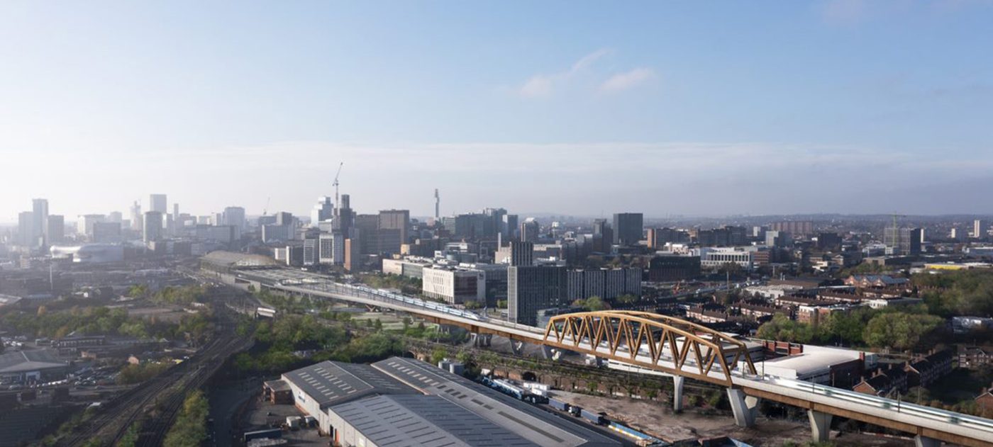 Artist impression of Curzon No.2 Viaduct bringing HS2 trains into Birmingham.
