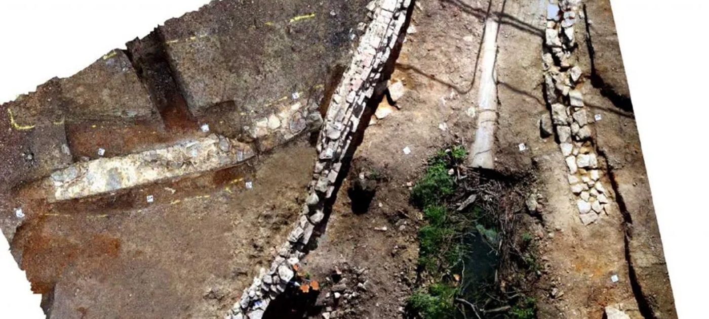 Orthomosaic photograph of the mill race wall.