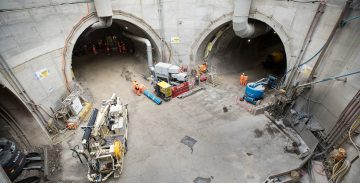 Thumbnail 4 of Construction workers working on waterproof lining in vent shaft at Victoria Road Crossover Box.