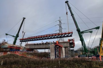 Thumbnail 3 of 42 metre truss beam being moved from the first viaduct deck.