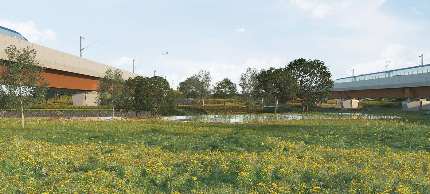 Coleshill embankments looking North in between River Cole West and East.