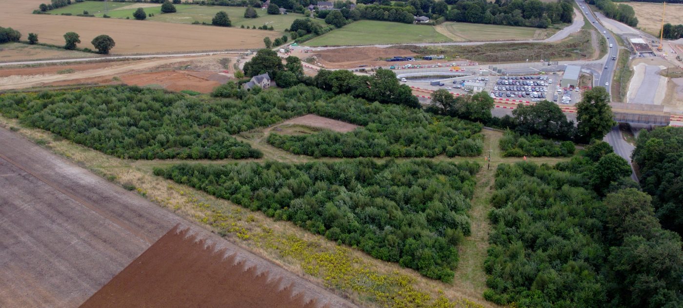 Aerial view of woodland with construction site behind it