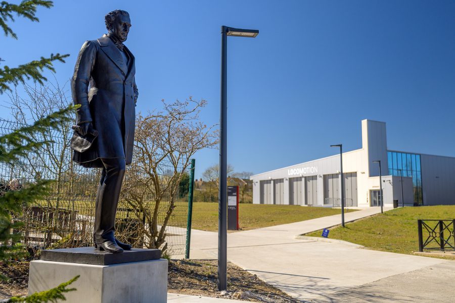The Robert Stephenson statue in its new position at the Locomotion Museum Shildon, County Durham.
