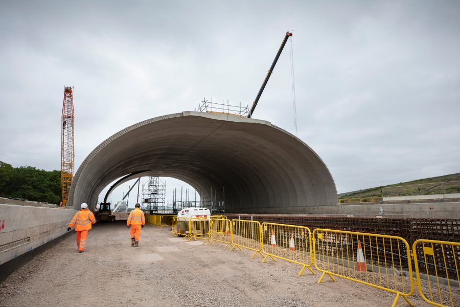 The arches being installed back to back to form a green bridge.