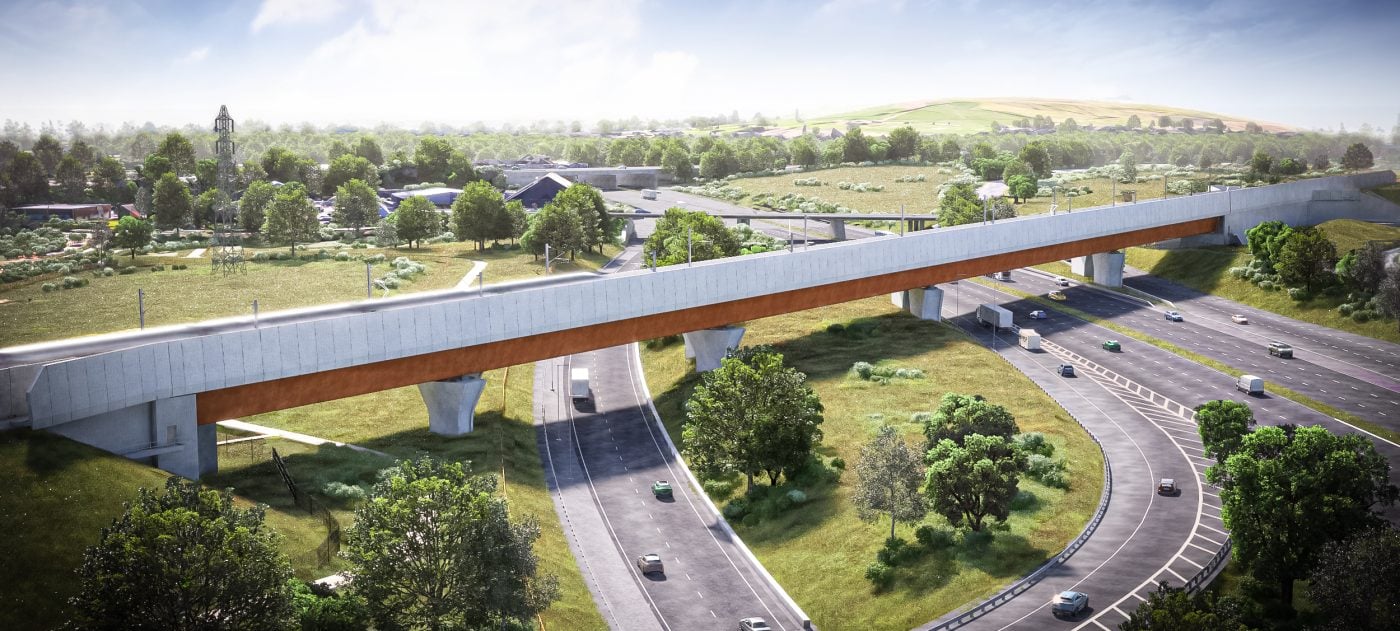 Visualisation showing the M6 South viaduct crossing the motorway and slip roads
