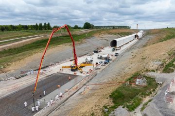 Thumbnail 3 of Concrete pour for the base of what will become the north portal of Chipping Warden Green Tunnel.