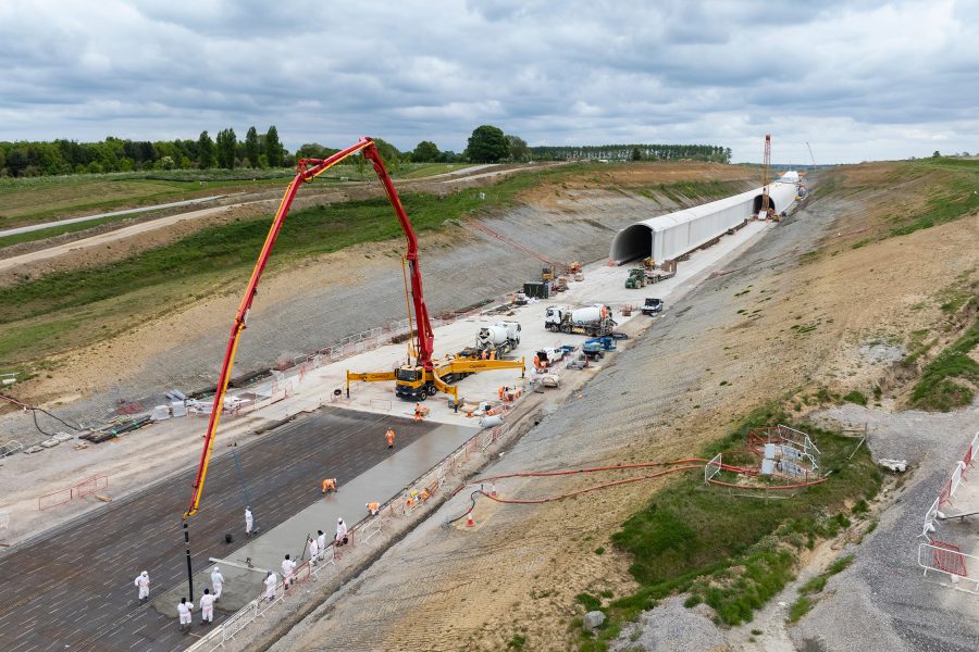 Concrete pour for the base of what will become the north portal of Chipping Warden Green Tunnel.