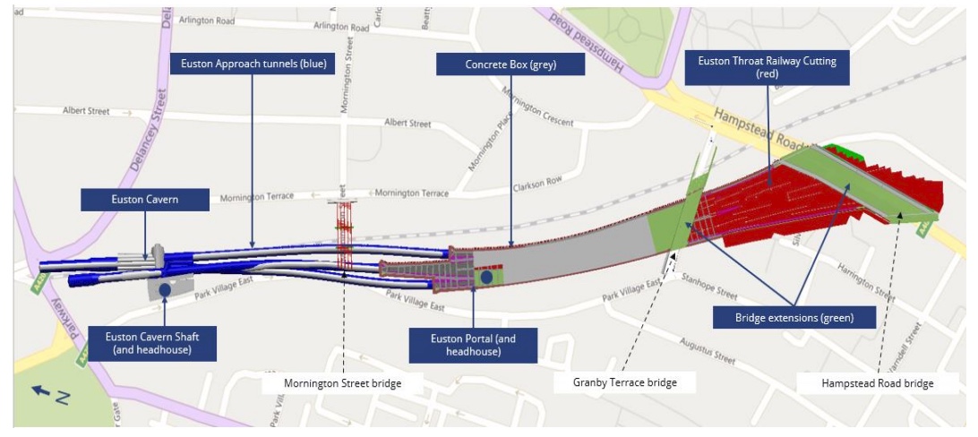 Overhead view of the other major excavations in Euston Approaches.