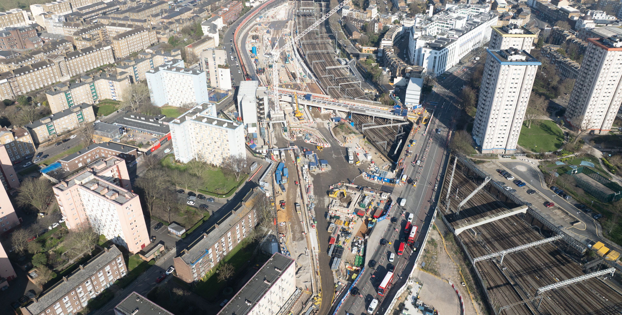 Aerial view of the Euston Approaches heading north.