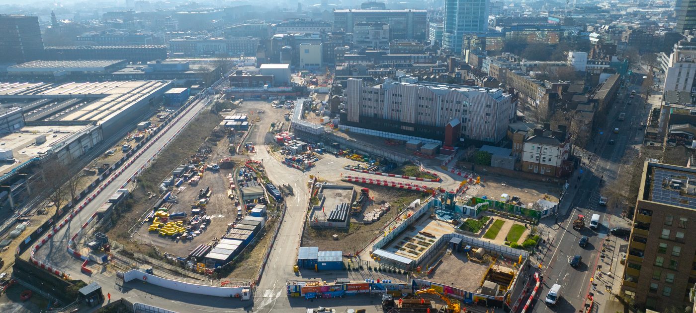 Aerial view of HS2's Euston station site in London.