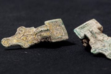 Thumbnail 4 of A set of copper alloy small square headed brooches, decorated with gold gilt, from the 5th or 6th century, uncovered during the archaeological work in Wendover.