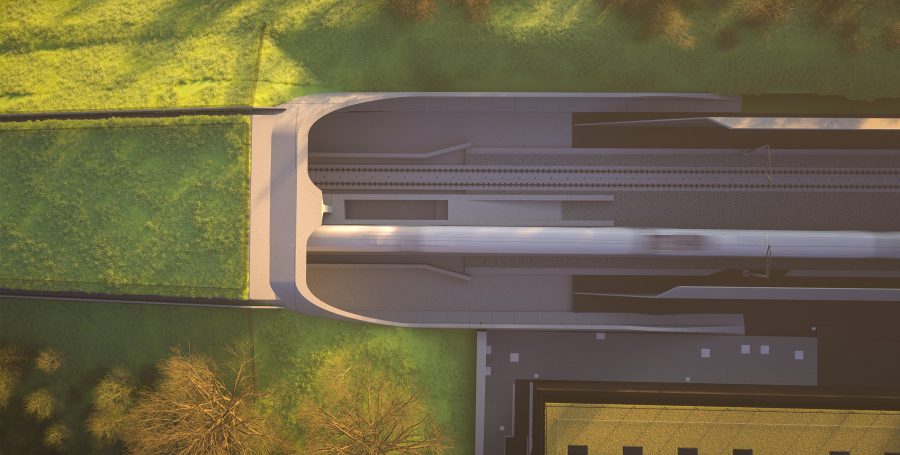 Birds eye view of the South portal of the Wendover green tunnel.