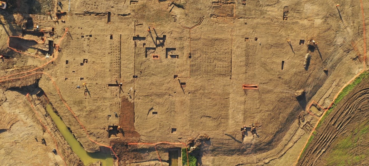 A drone photo of Coleshill Manor and surrounding gardens, during the archaeological excavation.