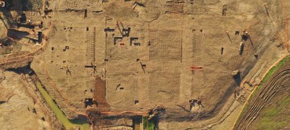 A drone photo of Coleshill Manor and surrounding gardens, during the archaeological excavation.
