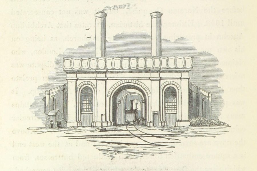 An illustration that shows the Curzon Street roundhouse as it was in 1839.