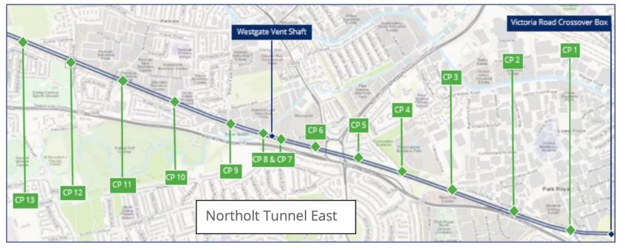 A map sowing the cross passages located on the Northolt tunnel East.