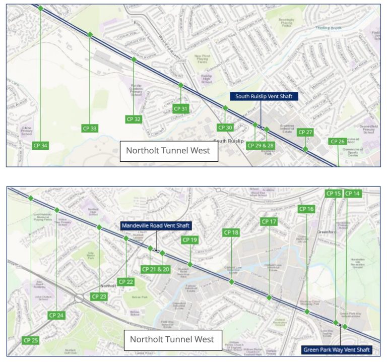 A map sowing the cross passages located on the Northolt tunnel West.