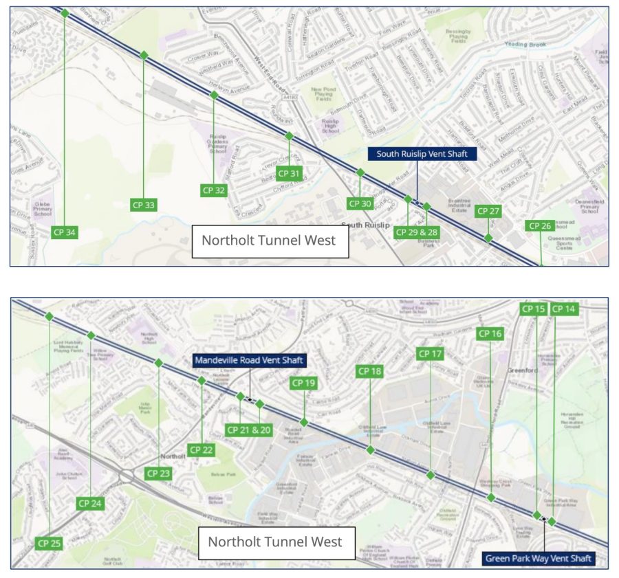 A map sowing the cross passages located on the Northolt tunnel West.
