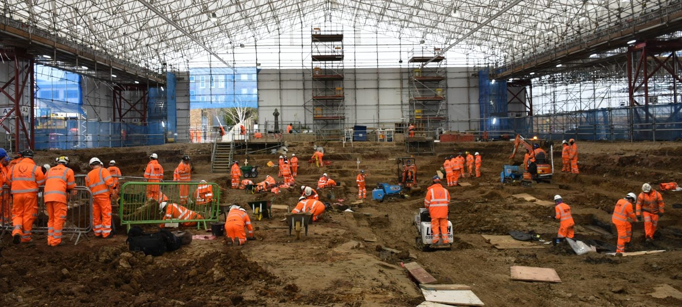 Inside the St James's burial ground archaeology tent in London Euston.