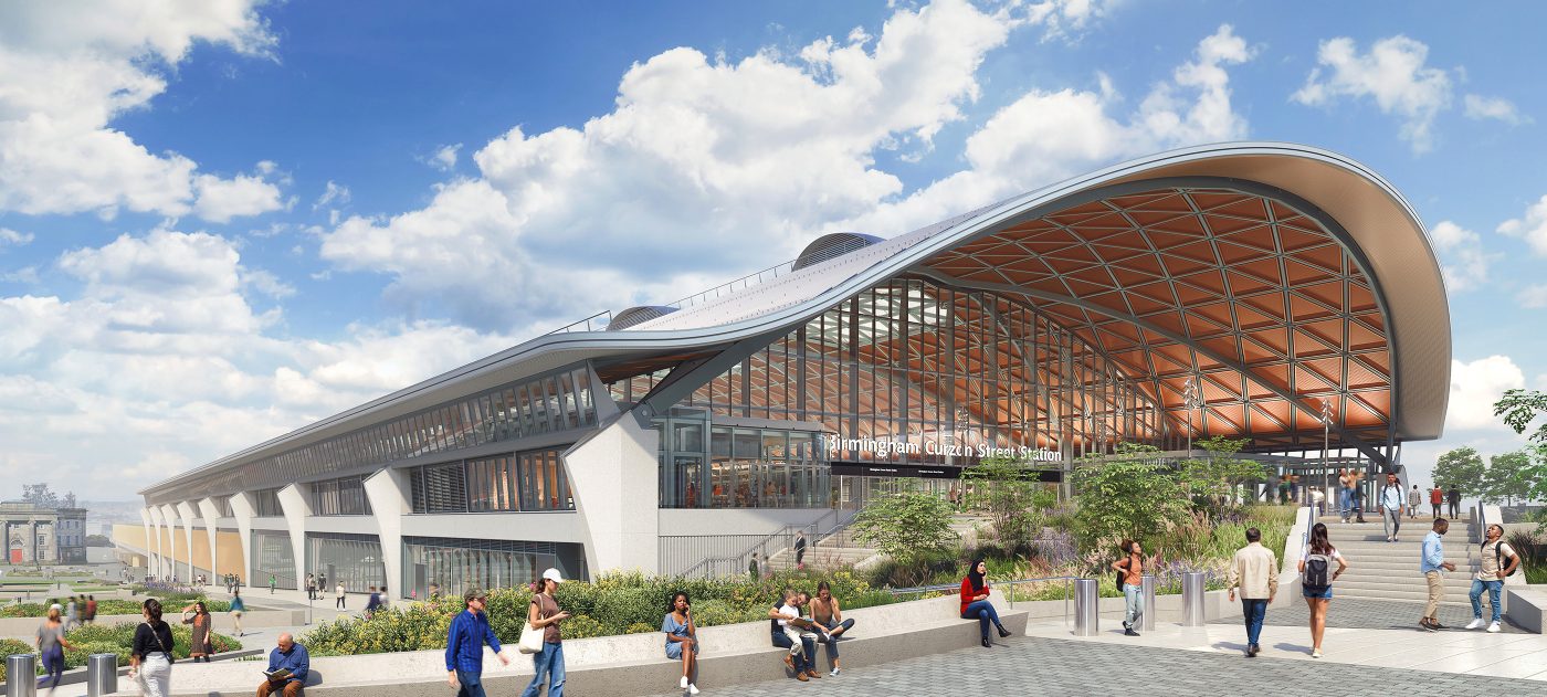 An artist's impression of the outside of the Curzon Street station in Birmingham.