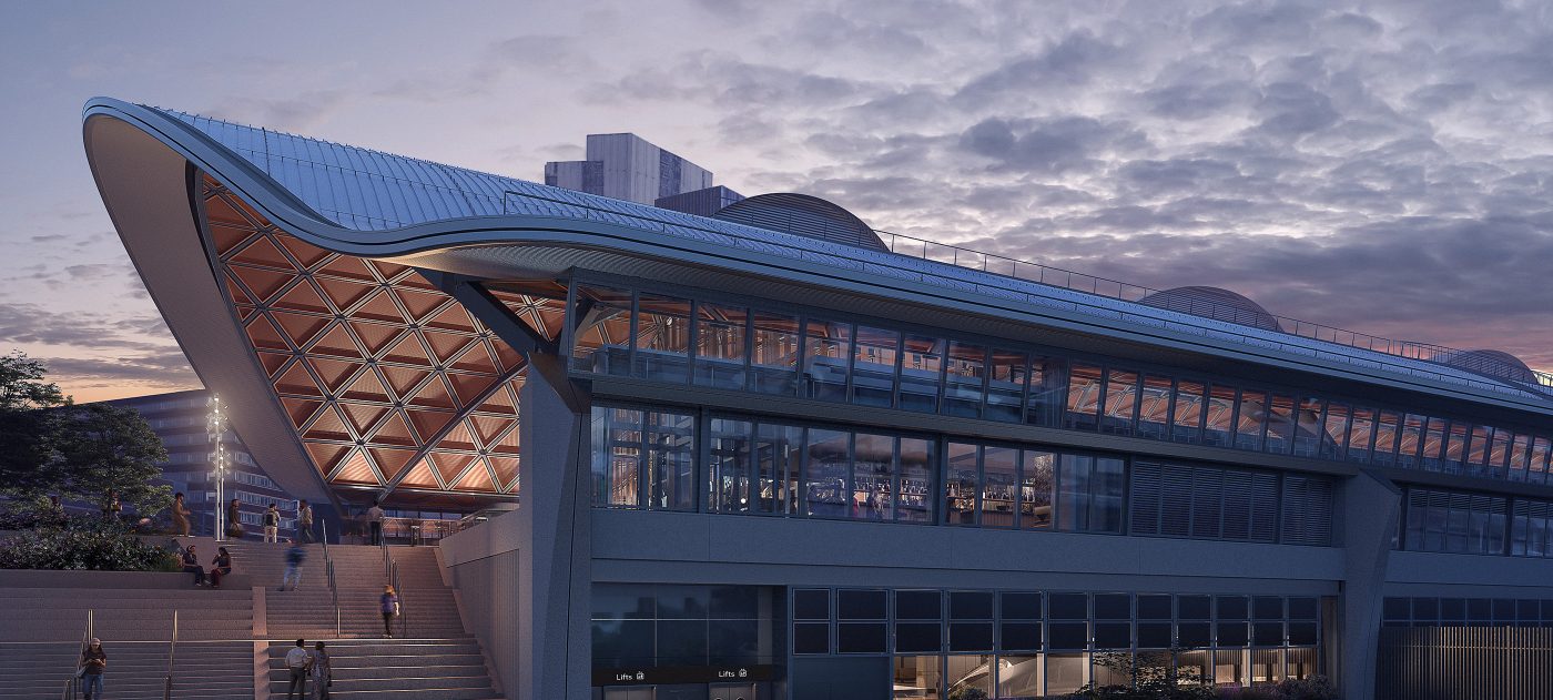 Artist's impression of Curzon Street station at dusk.