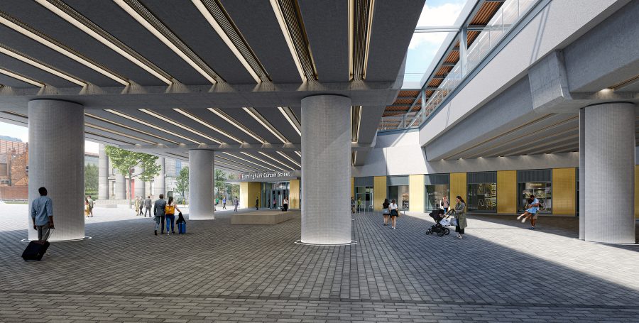 Visualisation showing trams and cyclists at the eastern entrance to the new Curzon Street station