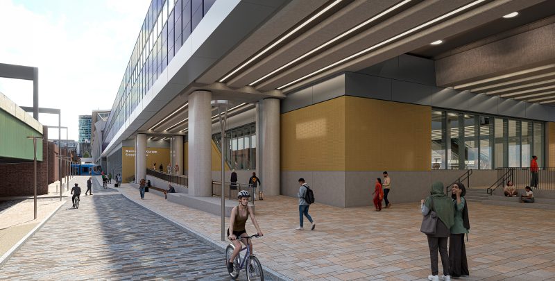 Visualisation showing showing a side entrance to the new Curzon Street station and service road