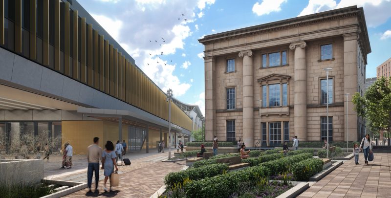 Visualisation showing the gardens to the rear of the Old Curzon Street station building