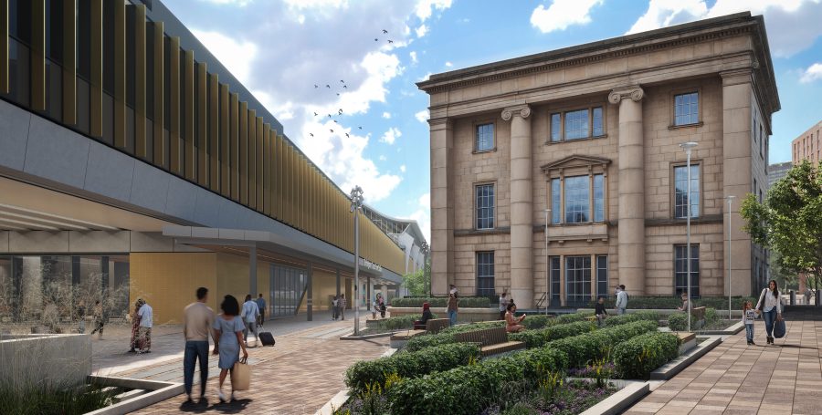 Visualisation showing the gardens to the rear of the Old Curzon Street station building