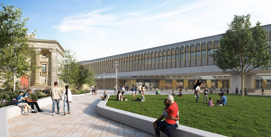 Visualisation showing the view across Curzon Square towards the old station building and eastern entrance to the new Curzon Street station